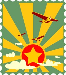 retro airplanes flight on sun burst backdrop