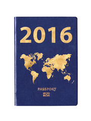 Passport 2016 with a world map on the cover, concept