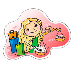 Time of sales.Girl with weights