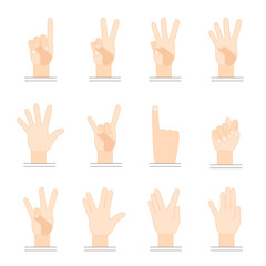 Gestures of hands. Flat design. One thumbs up,two fingers up, three fingers up, four fingers up, gesture goats, horns gesture.