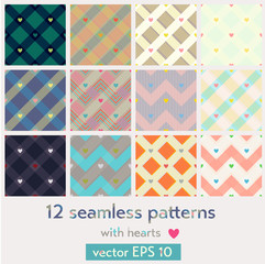 Set of 12 seamless patterns with hearts