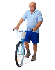 Elderly man with bicycle.