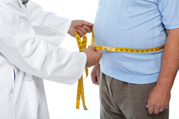 Doctor measuring obese man stomach. - 94012346