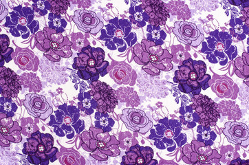 Purple floral pattern on white fabric. Mauve abstract flowers print as background.