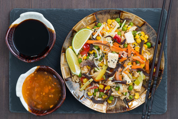 fried rice with tofu and vegetables, close-up