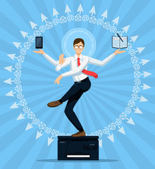 Vector illustration. Concept of Office Shiva. Man in glasses with four hands in Nataraja pose is dancing on copier in an aureole of cursors and "at" signs.  Holds in hands smartphone and notebook.