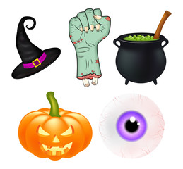 Halloween cartoon vector set, symbols collection. set of vector objects, pumpkins, witch hat cauldron, and more. Vector Set of cute Halloween elements, objects and icons for your design