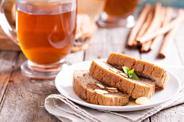 Gingerbread loaf cake with hot tea