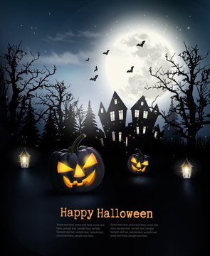 Scary Halloween background with pumpkins and moon. Vector.