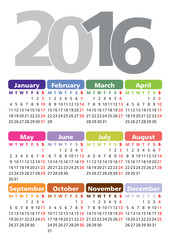 calendar for 2016