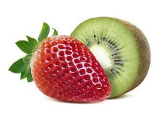 Green kiwi half 2 red strawberry composition isolated on white