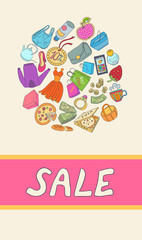 Template for card with objects shopping. Hand drawn ornaments. Doodles.
