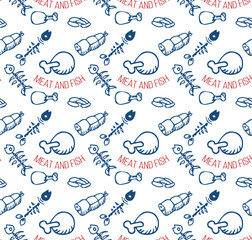Meat and fish vector pattern blue