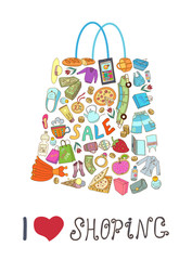 Template for card with objects shopping. Hand drawn ornaments. Doodles.