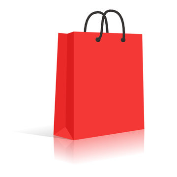Blank Red Paper Shopping Bag With Black Rope Handles. Vector