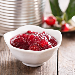 Storebought cranberry sauce in small dish © fahrwasser