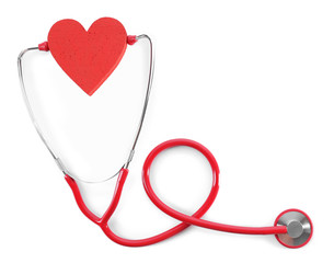 red stethoscope with heart isolated on white