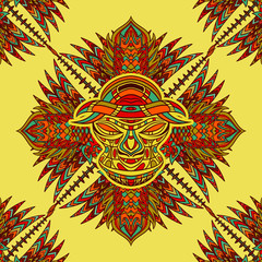 Seamless pattern with tribal mask and aztec geometric latin American ornament. Hand drawn vector illustration