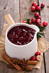 Cranberry sauce in ceramic saucepan
