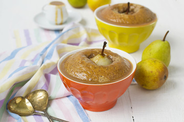 Pears baked in pastry with caramel peanut sauce
