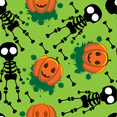Skeleton pumpkins seamless green