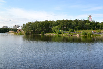 View of the Semenovsky lake and city recreation park. Murmansk