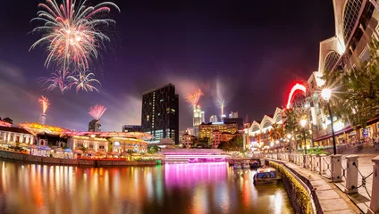 Papier Peint photo Singapour Feu d& 39 artifice sur la rivière Singapour