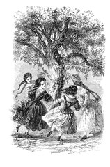 Fototapeta na wymiar Vintage black and white engraving, girls dance around a tree