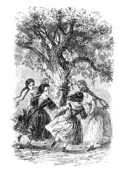 Vintage black and white engraving, girls dance around a tree