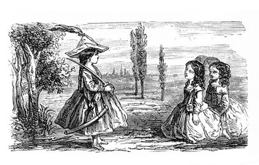 Girls game: captain commands the soldiers, a girl is the captain wearing a cocked paper hat and a wooden sword, as symbol of power, vintage illustration