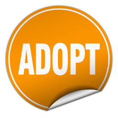 adopt round orange sticker isolated on white