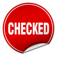 checked round red sticker isolated on white