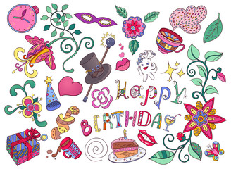 Set of vector birthday party. Set of festive doodle icons. 