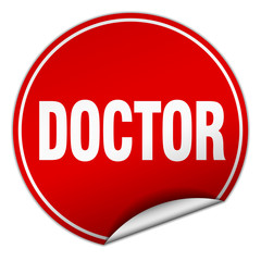 doctor round red sticker isolated on white