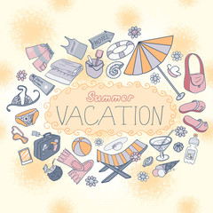 Template for card of vacation. Summer card. Summer holiday doodle background. 