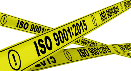 Yellow warning tapes with inscription "ISO 9001:2015". Isolated