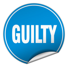 guilty round blue sticker isolated on white