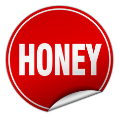 honey round red sticker isolated on white