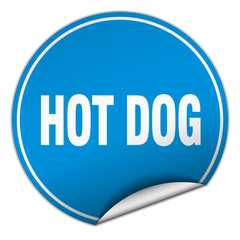 hot dog round blue sticker isolated on white