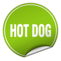 hot dog round green sticker isolated on white