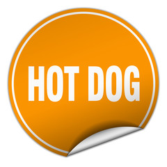 hot dog round orange sticker isolated on white