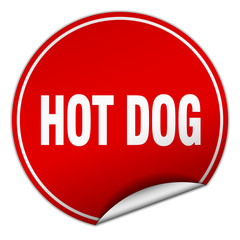 hot dog round red sticker isolated on white
