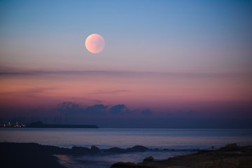 Sunset moon rose over the Mediterranean Sea. Limassol. Cyprus. - 94030736