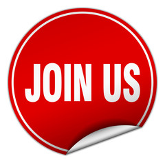 join us round red sticker isolated on white
