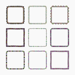Vector set of nine square different colored frames. Vector isolated illustration.