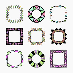Vector set of nine different colored frames. Vector isolated illustration.