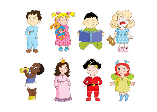 A colorful clip art set of toddlers wearing pajamas and getting ready to sleep.