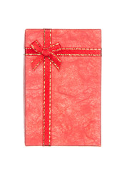 Red gift box with ribbon and bow isolated on white background