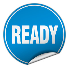 ready round blue sticker isolated on white