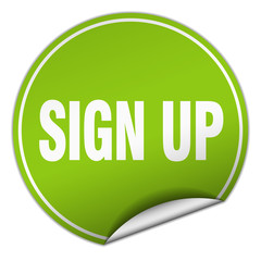 sign up round green sticker isolated on white